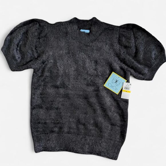 NWT Black Fuzzy Short Sleeve Puff Sleeve Sweater WOMENS SIZE MEDIUM - Picture 2 of 8